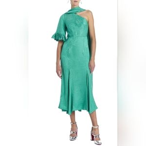 Markarian Fitzgerald Jade Woodcut Jacquard One Shoulder Ruffle Sleeve With Scarf